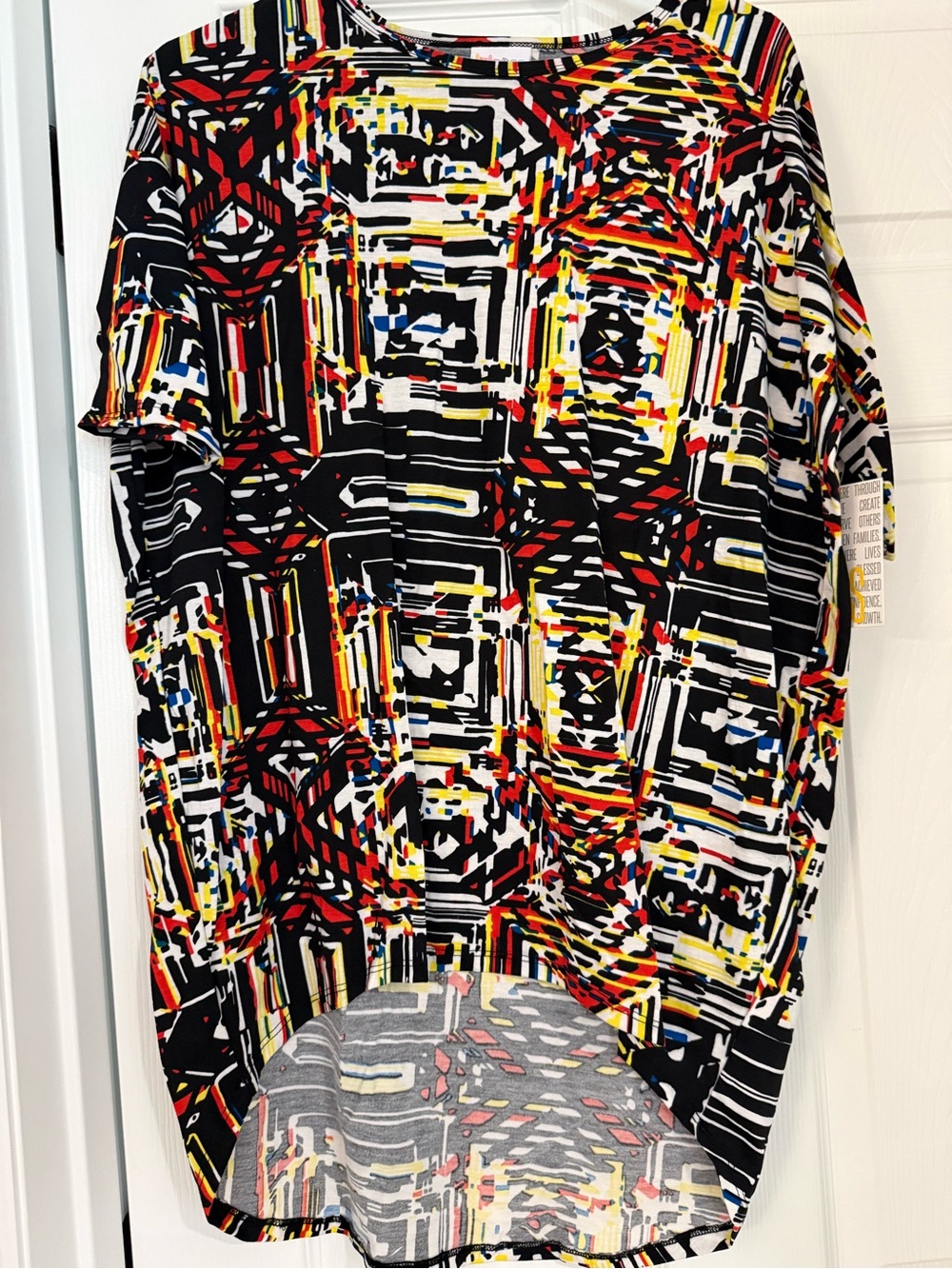 Lularoe Irma Geometric Print Short Sleeve Tunic in Black, Red & Yellow